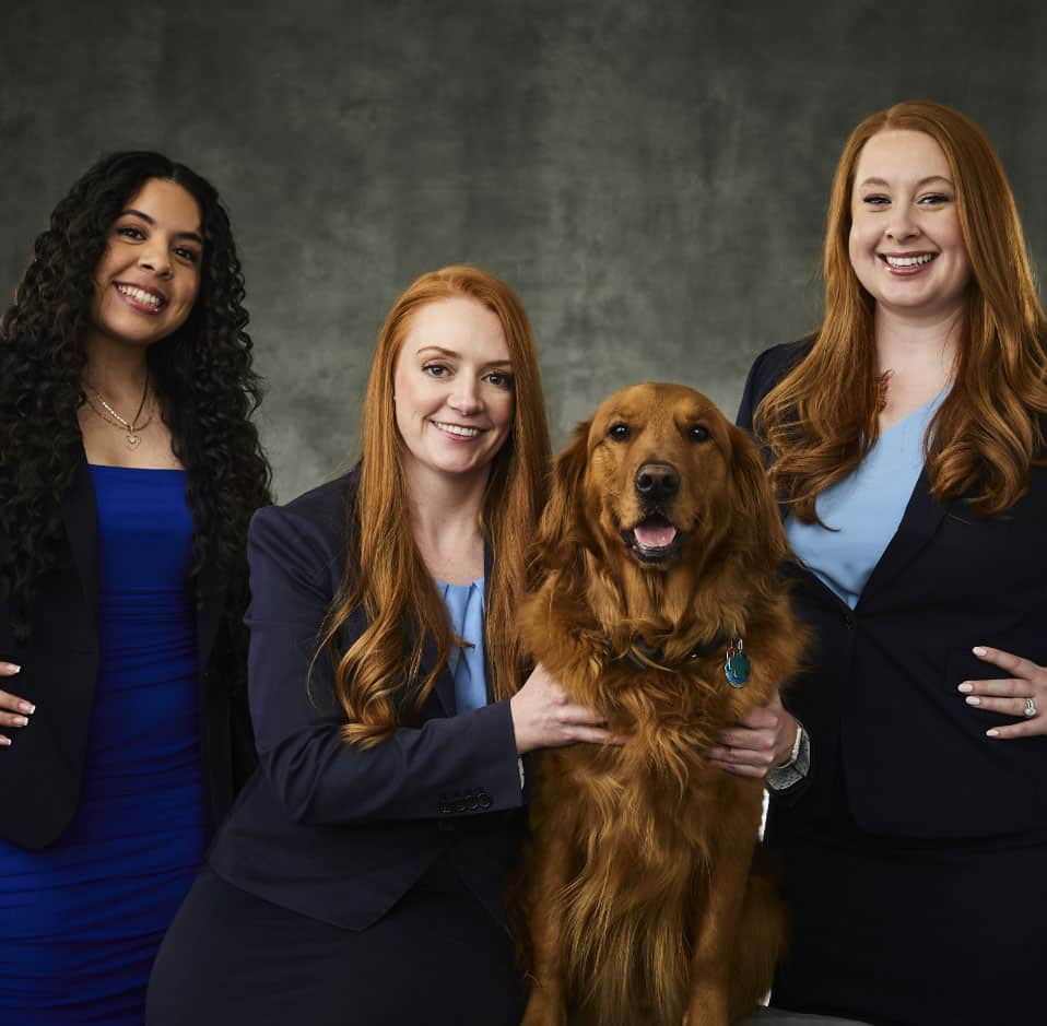 image of all 3 attorneys at Collins Family Law P.C. with a dog