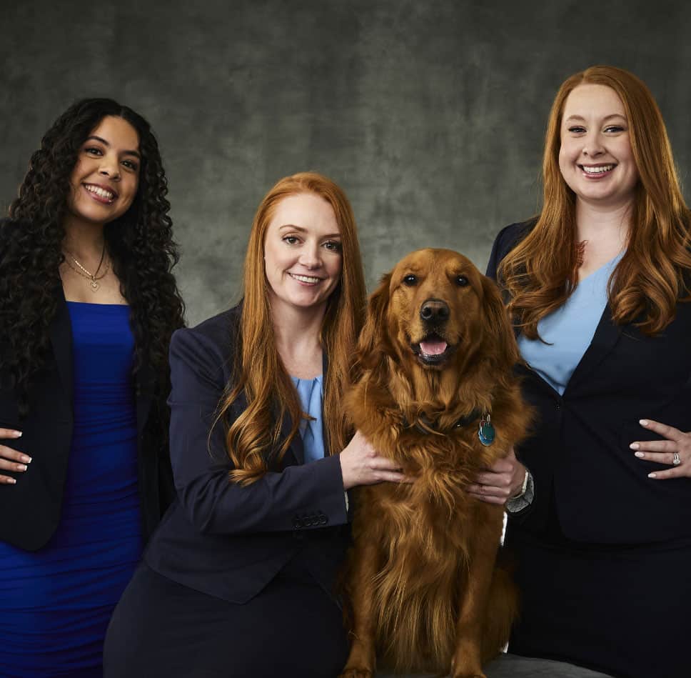 image of all 3 attorneys at Collins Family Law P.C. with a dog